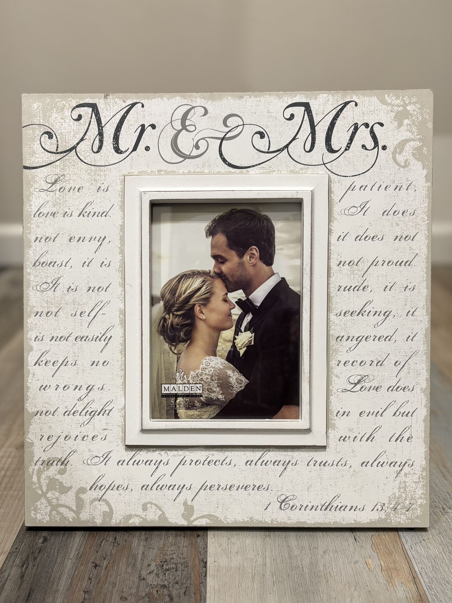 1 Corinthians Verse Mr & Mrs Wood Picture Frame, 5x7, Off White