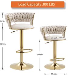 360° Velvet Swivel Bar Stools with Low Back & Footrest, Adjustable Counter Barstools, Gold Bar Stool (Set of 2, Ivory)