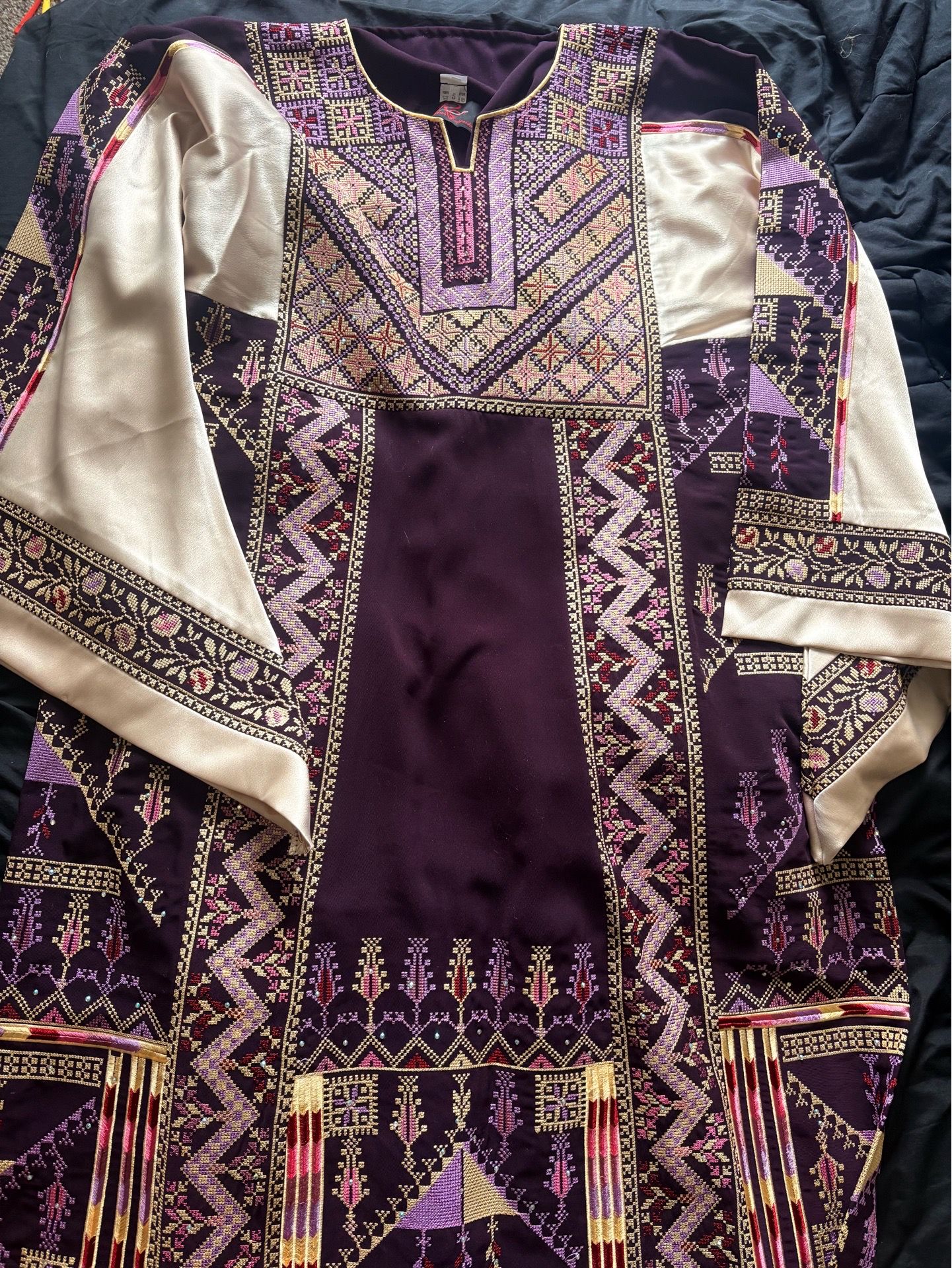 Embroidered Palestinian Thobe Purple & Cream Long Tunic Dress