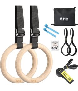 GHB Gymnastic Rings Wooden Gym Rings 1.25" Olympic Rings Adjustable Straps Pull