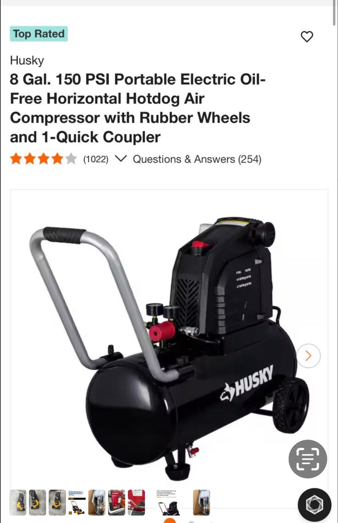 Husky 8 Gal. 150 PSI Portable Electric Oil-Free Horizontal Hotdog Air Compressor with Rubber Wheels and 1-Quick Coupler