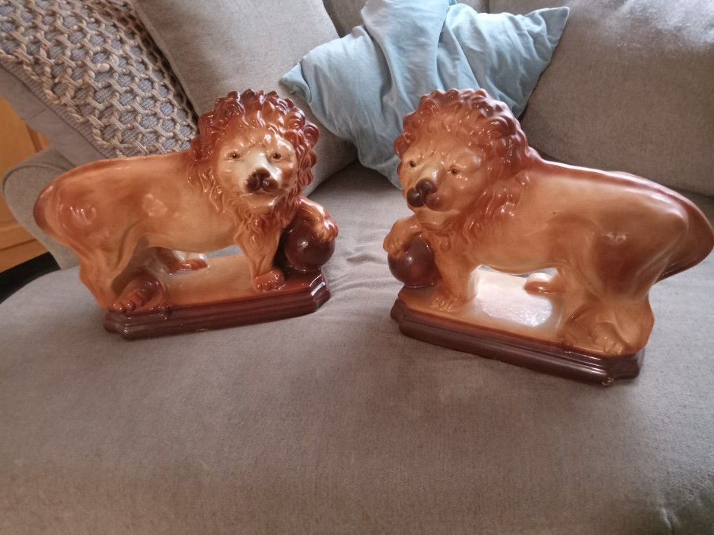 Pair Of Antique Staffordshire Lions. 