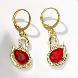 "Elegant Ruby Red Swan Earrings - 18K Gold Plated Drop Dangle Jewelry with Rubu Red CZ Crystals - Perfect Gift for Her"