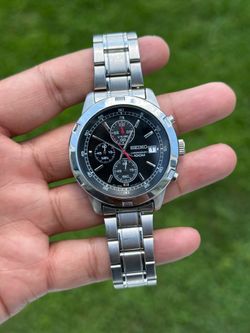 Seiko Black Dial Stainless Steel Chronograph Watch Mens