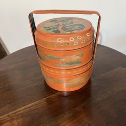 Vintage Chinese Lacquered Hand Painted Wedding Box or Wedding Basket 