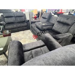 2 Pc Blue Gray Sofa And Loveseat  Fabric Manual Recliners Set 