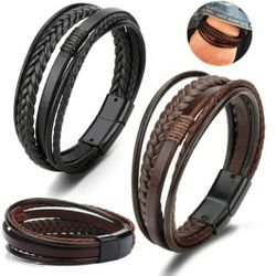 2 Pcs Men Jewelry Black Braided Leather Bracelet Multi-Layer Stainless Steel Cla