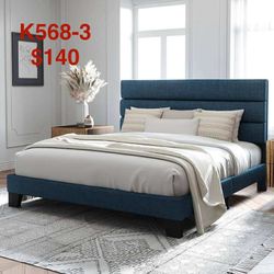 King Size Platform Bed Frame with Fabric Upholstered Headboard and Wooden Slats Support K568-3