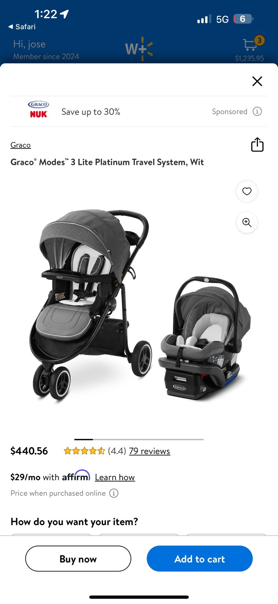 GRACO 3 Lite Platinum Stroller/ Car Seat