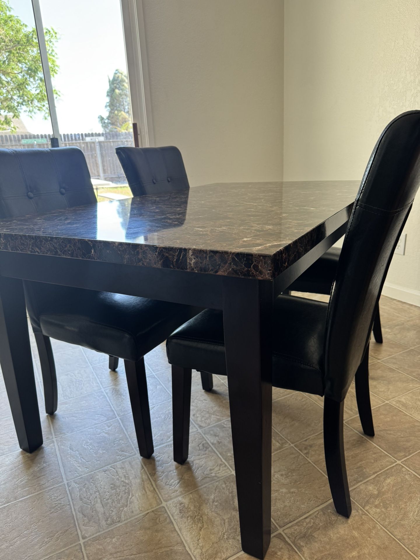 64 In. Espresso Brown Faux Marble Dinning Table With 4 Chairs
