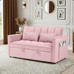 Pink Convertible Sofa Bed, Pull Out Couch with Adjustable Backrest, Velvet Sleeper Sofa Loveseat with Pillows and Side Pockets