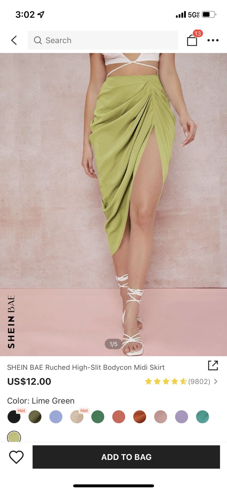 Lime Green Satin High Slit Ruched Skirt  Sz 8/10