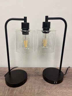 Set of 2 Industrial Black Table Lamps with Bulbs