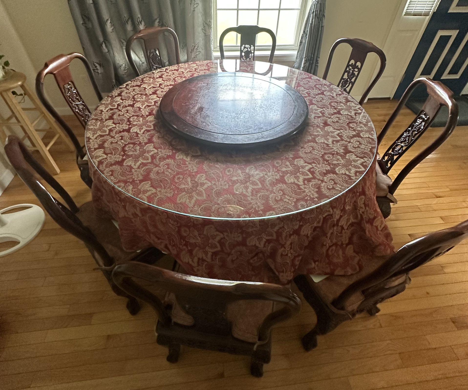 Solid Dark Rosewood Round Oriental Dining Table with 8 Chairs