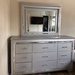 Grey Light Up Vanity And Night Stand