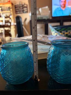 Blue Diamond-Cut Glass Votive Candle Holders Set of 2