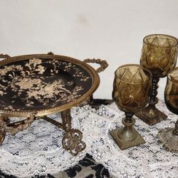 VINTAGE ORNATE VICTORIAN BRASS METAL FOOTED PEDESTAL PLATE VOTIVE CANDLE HOLDER WINE GLASSES