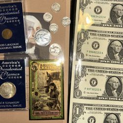 One dollar bank notes uncut five individual 1(contact info removed) penny some other silver an