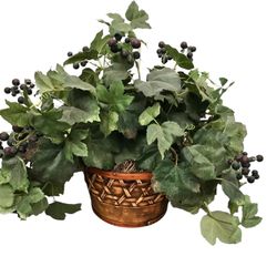 Silk Plant arrangement with purple berries wooden basket