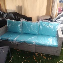 New Gray 3 Seat Patio Furniture With Turquoise Cushions 