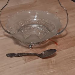 Vintage Frosted And Clear Glass Dish With Stand And Spoon