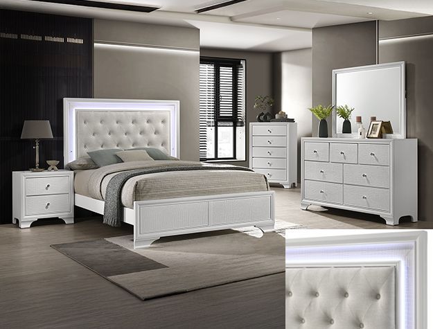 SALE!! NEW WHITE BLING LED UPHOLSTERED Bedroom Set KING QUEEN FULL $10 DOWN