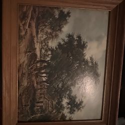 Vintage Framed Landscape Cottage Painting Wall Art