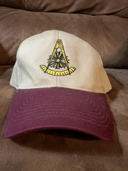 Kaki and Maroon Mason Baseball Hat, Cloth and a plastic Adjustable Back.