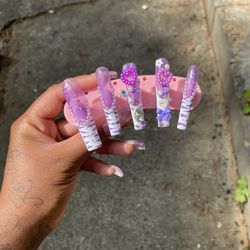 Xl Glitter Purple French tip With 3d Charms/Candy