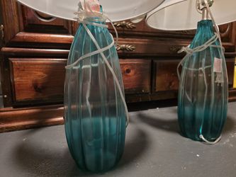 Pair of Teal Glass Table Lamps with White Drum Shades ā Modern Coastal Style