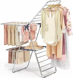 Large Stainless Steel Clothes Drying Rack with 4 Wings Fully Assembled, Drying Rack Clothing with Height-Adjustable, Foldable Gullwings, Indoor Outdoo