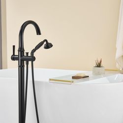 Freestanding Bathtub Faucet Black Free Standing Tub Filler Brass Bathtub Faucets Floor Mounted Bathroom Tub Faucet with Hand Shower