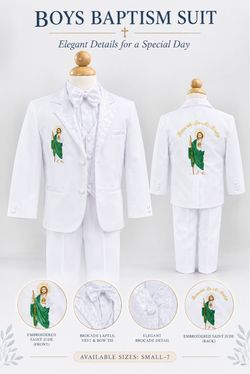 Boys White Baptism Suit with Saint Jude Embroidery