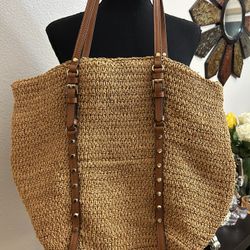 Michael Kors Large Studded Straw Shopper Tote