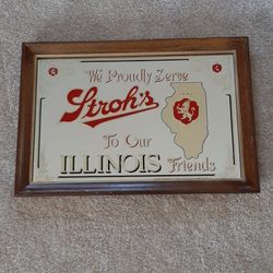 Strohs Illinois Mirror.  21 1/5 X 15" Wood Frame Strohs Beer Sign