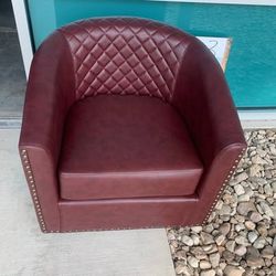 (Brand New, Original $217)Maroon Swivel Faux Leather Tufted Upholstered Barrel Accent Arm Chair