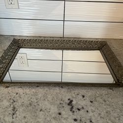 Vintage Gold Vanity Tray with Mirrored Glass and Ornate Filigree, Patina, Rectangular Tray