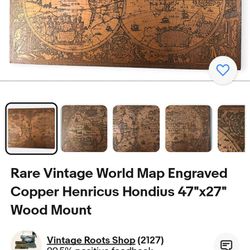 Rare Vintage World Map Engraved Copper Wood Mount