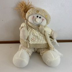 Cream & Ivory Snowman Plush Winter Decor with Broom – 16” Tall Stuffed Snowman