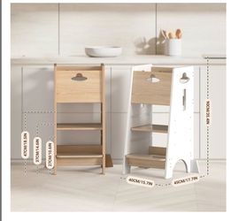 Toddler Kitchen Stool Helper with Front Barrier 18MM/0.7IN Thick Wood Standing Tower with Stabilizing Feet