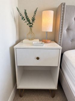 White Nightstands Set of 2 - Drawer and Shelf, Gold Hairpin Legs