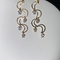 Stars Dangle cz Gold Earrings 10kt Solid