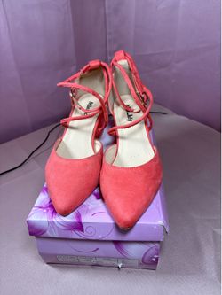 Coral Pink Faux Suede Lace Up Heel Size 7 1/2