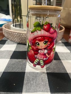Strawberry shortcake 16oz glass cup with bamboo lid and straw