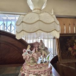 Vintage Capodimonte Figural Lamp | Porcelain Couple & Piano | Large Victorian / Rococo Shade