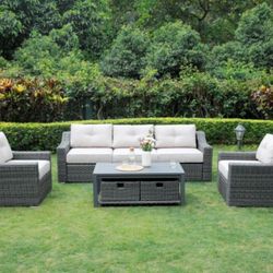 Sofa & Two Club  Chairs W/Storage Coffee Table