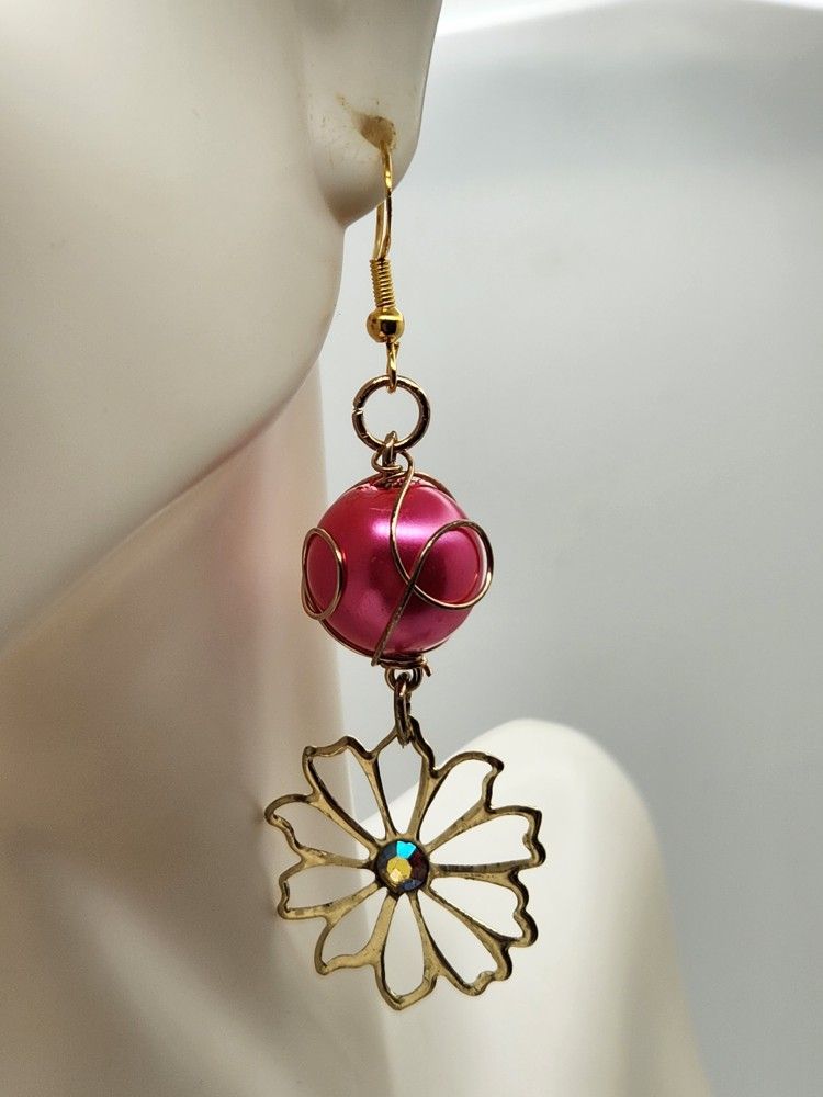 Gold and Pink Floral Earrings