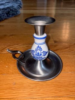 vintage blue and white ceramic and pewter-finish metal chamberstick candleholder