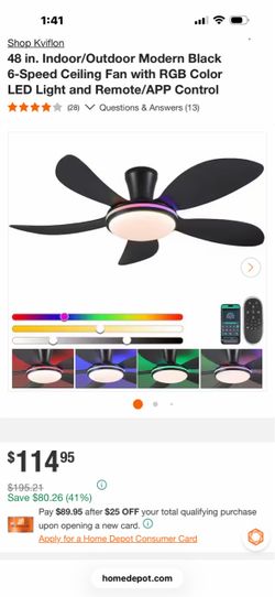 Kviflon 48in Modern Black Ceiling Fan with RGB LED Light
