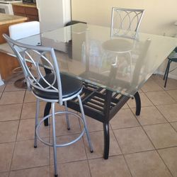 Glass Table And Two Metal Stools 
